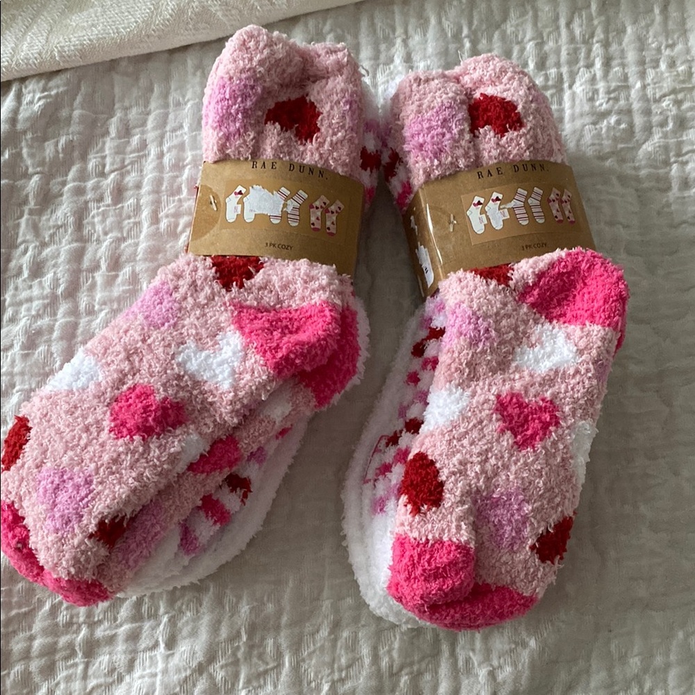 Rae Dunn Pink and Red Heart Fuzzy Socks 2 packs of 3 socks